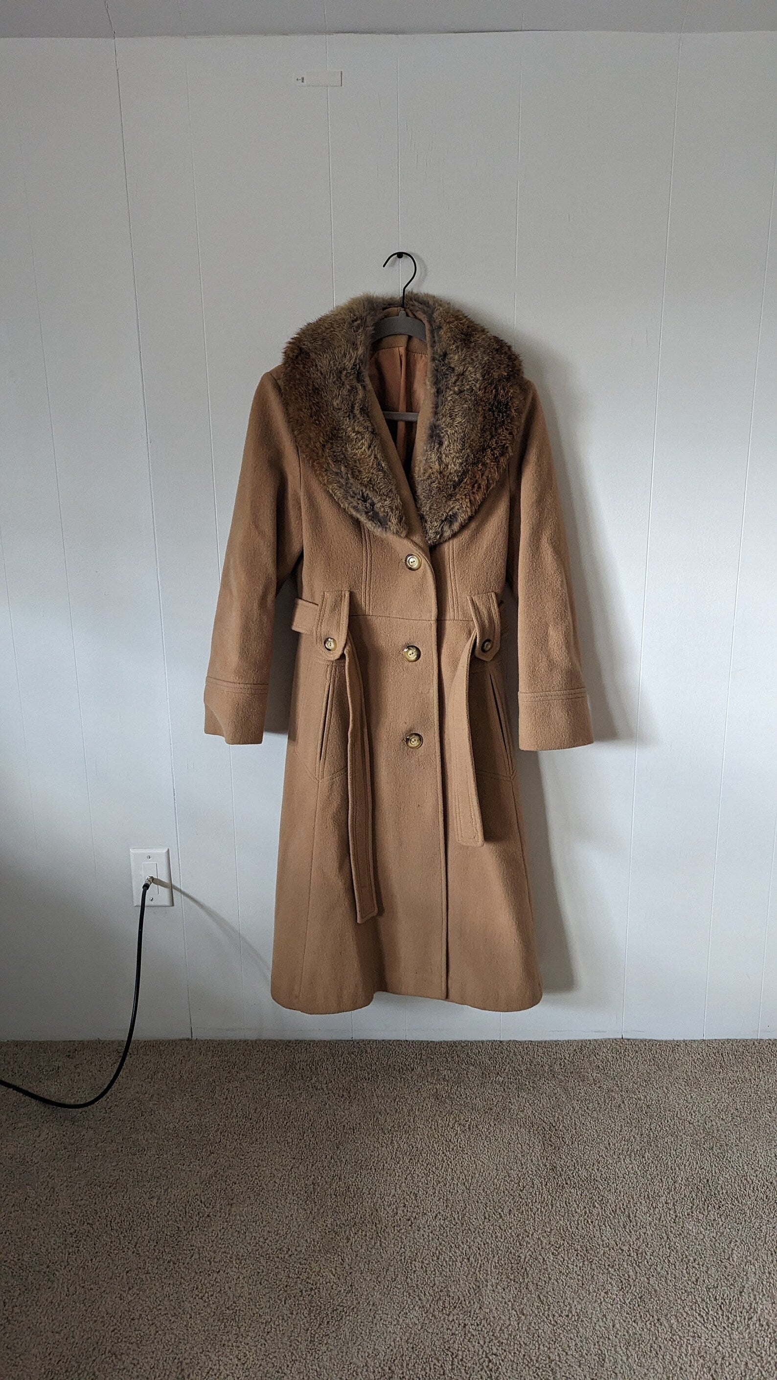 Gorgeous 1960s Boiled Wool Coat With Rabbit Fur Collar