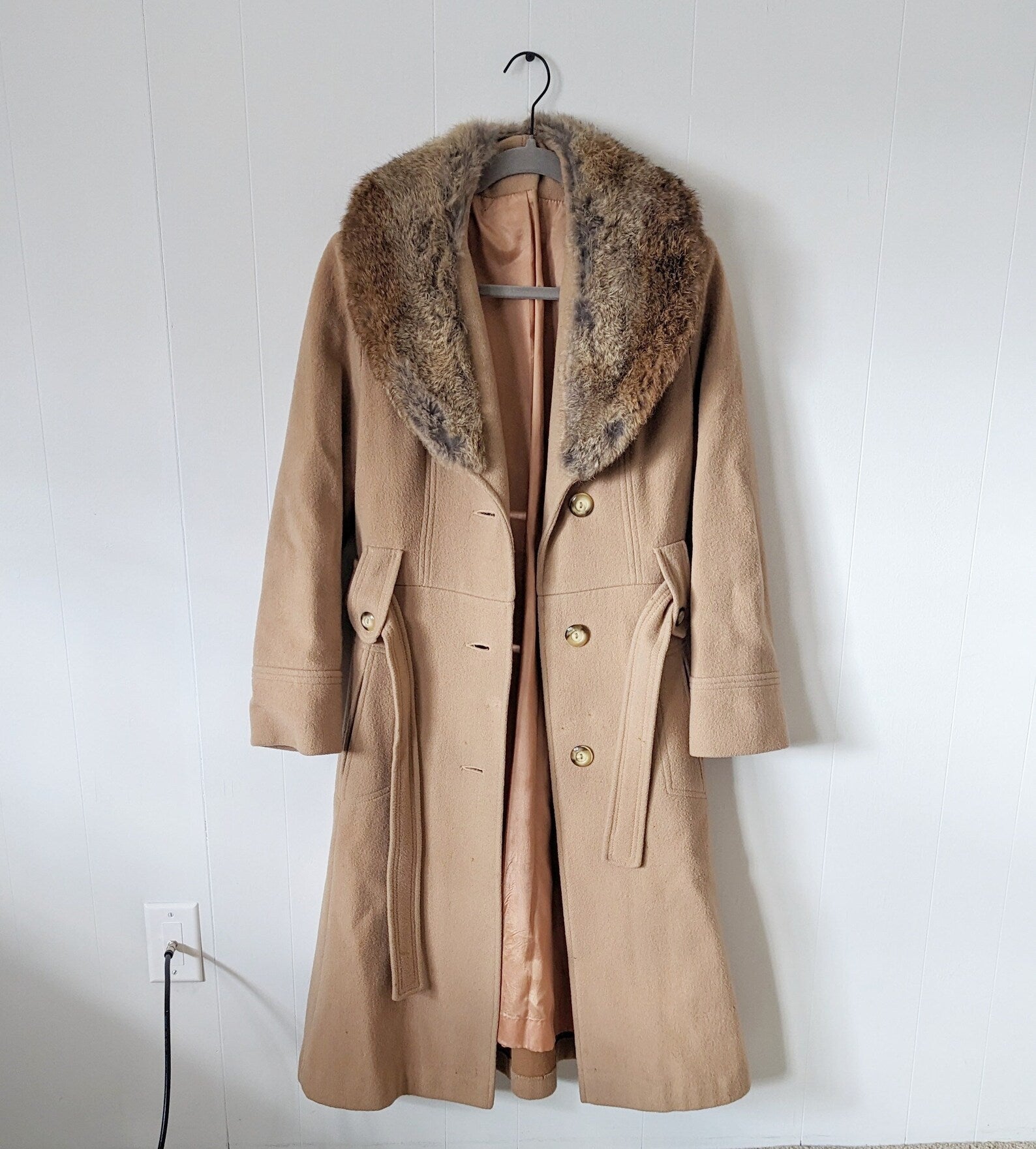Gorgeous 1960s Boiled Wool Coat With Rabbit Fur Collar