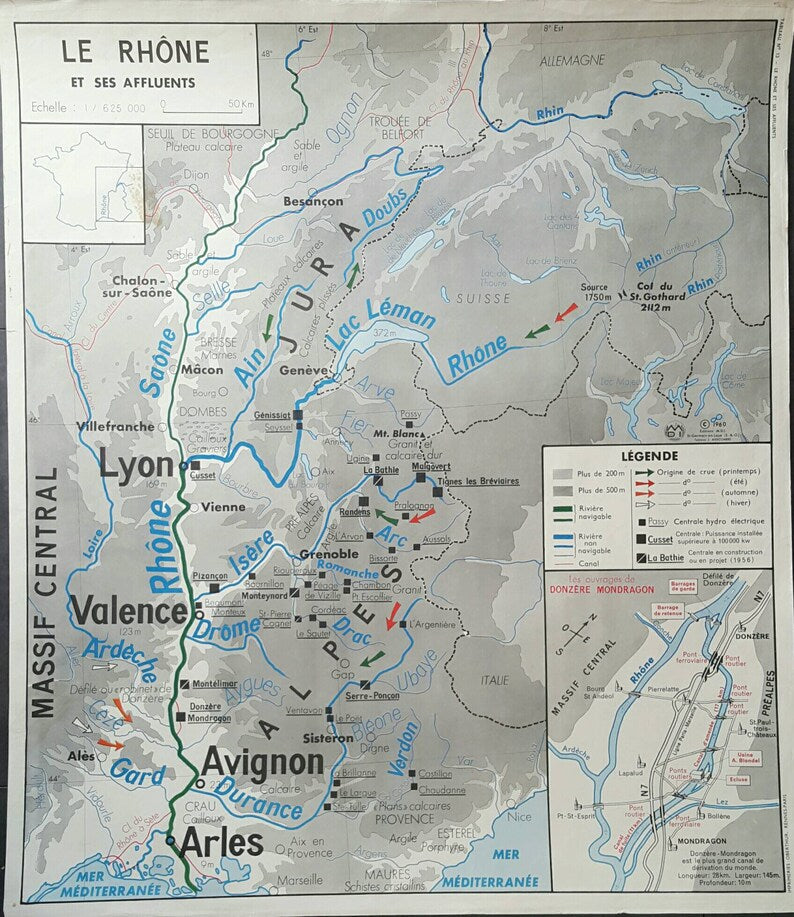 Beautiful Double Sided Vintage School Map of France, Including the Rhone Valley and Lyon