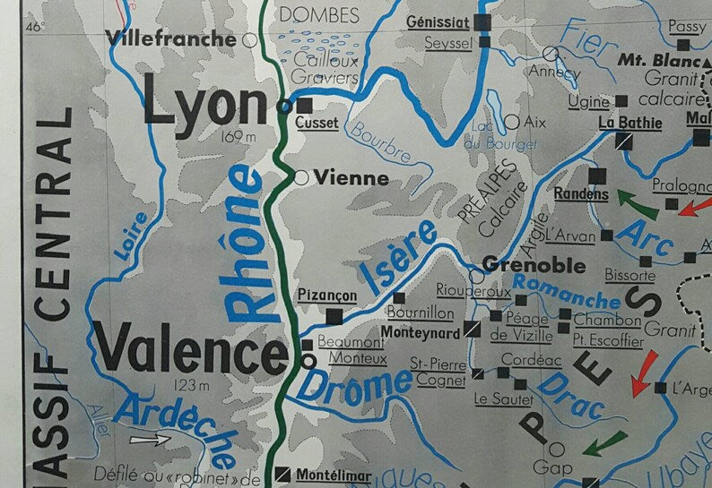 Beautiful Double Sided Vintage School Map of France, Including the Rhone Valley and Lyon