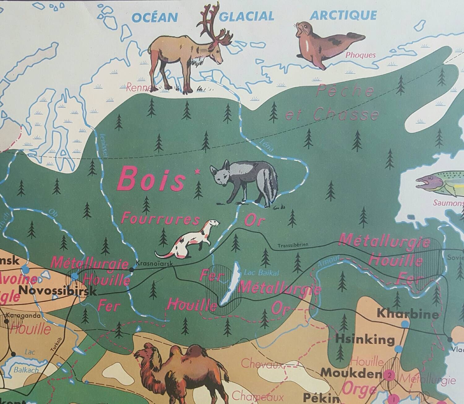 French Vintage Map of North America and Asia