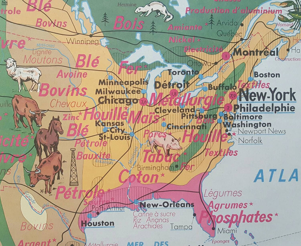 French Vintage Map of North America and Asia