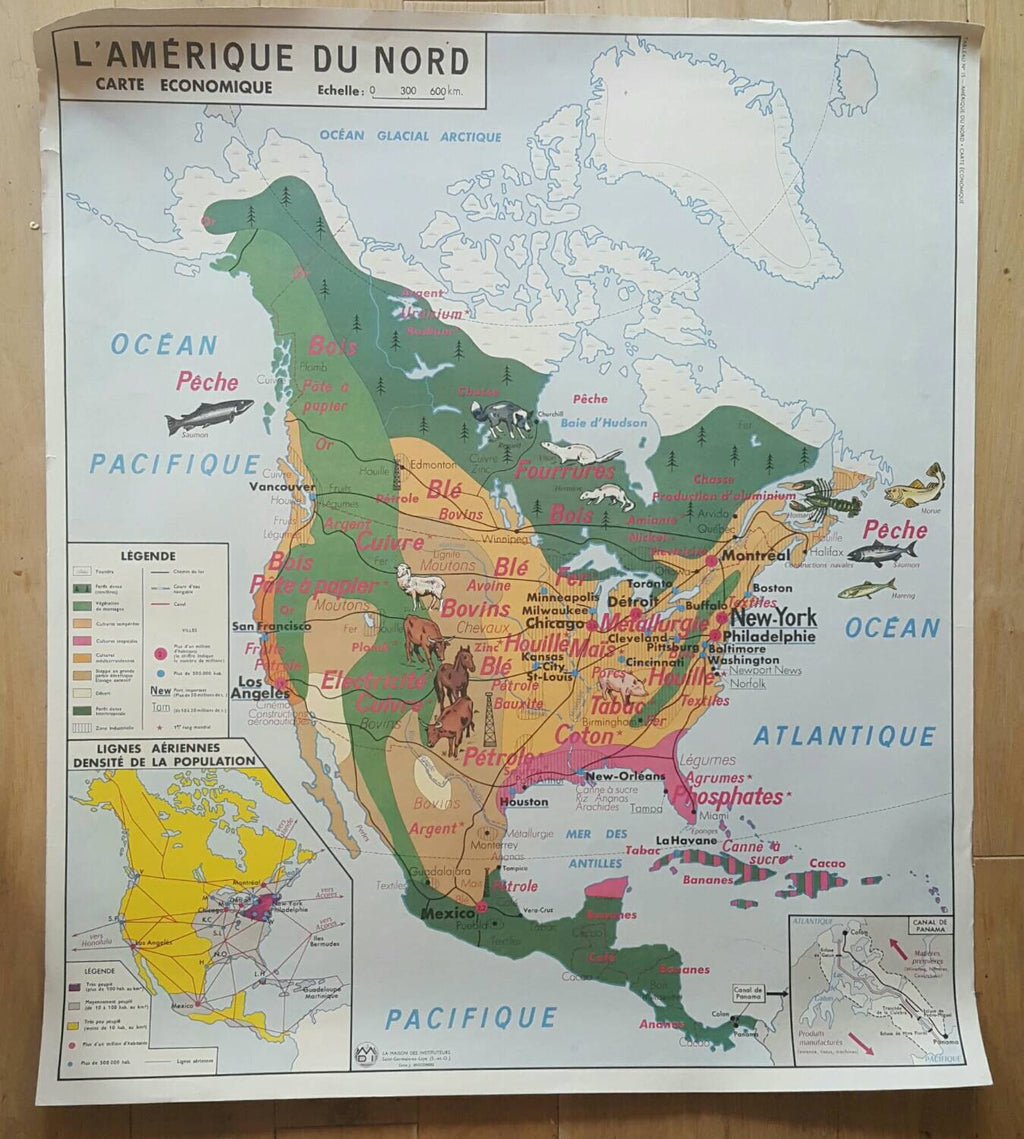 French Vintage Map of North America and Asia