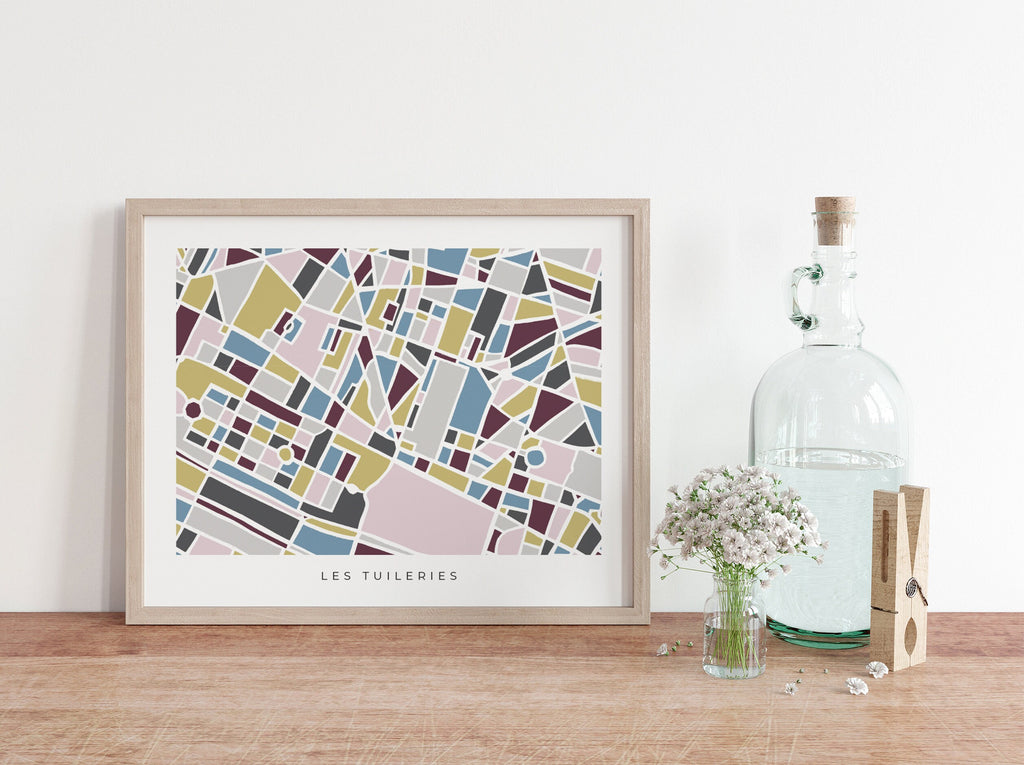Paris Map Art Print | Tuileries and Louvre Minimalist Design