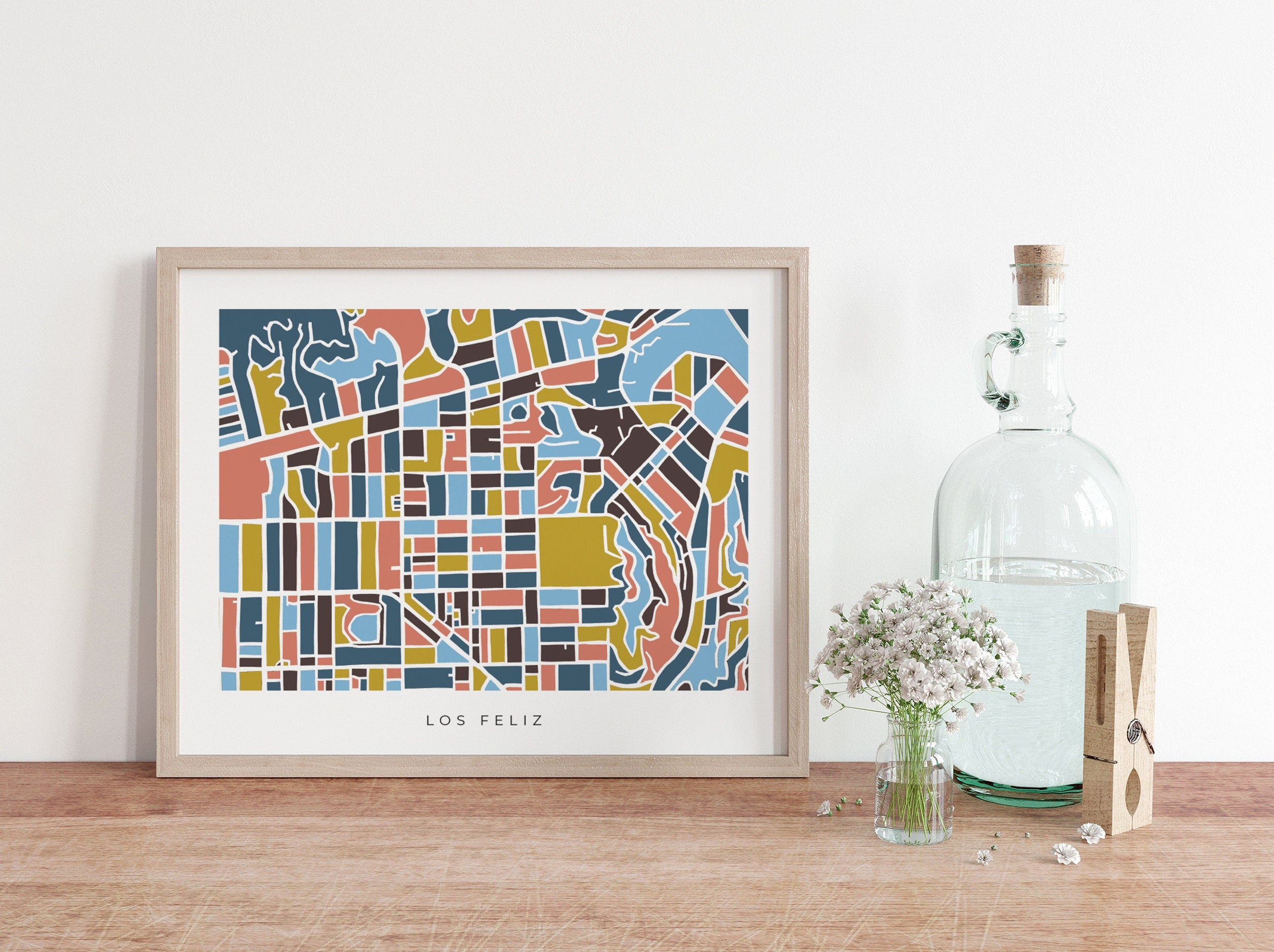 Los Feliz Wall Art Map - Colorful and Minimalist - High Quality Print