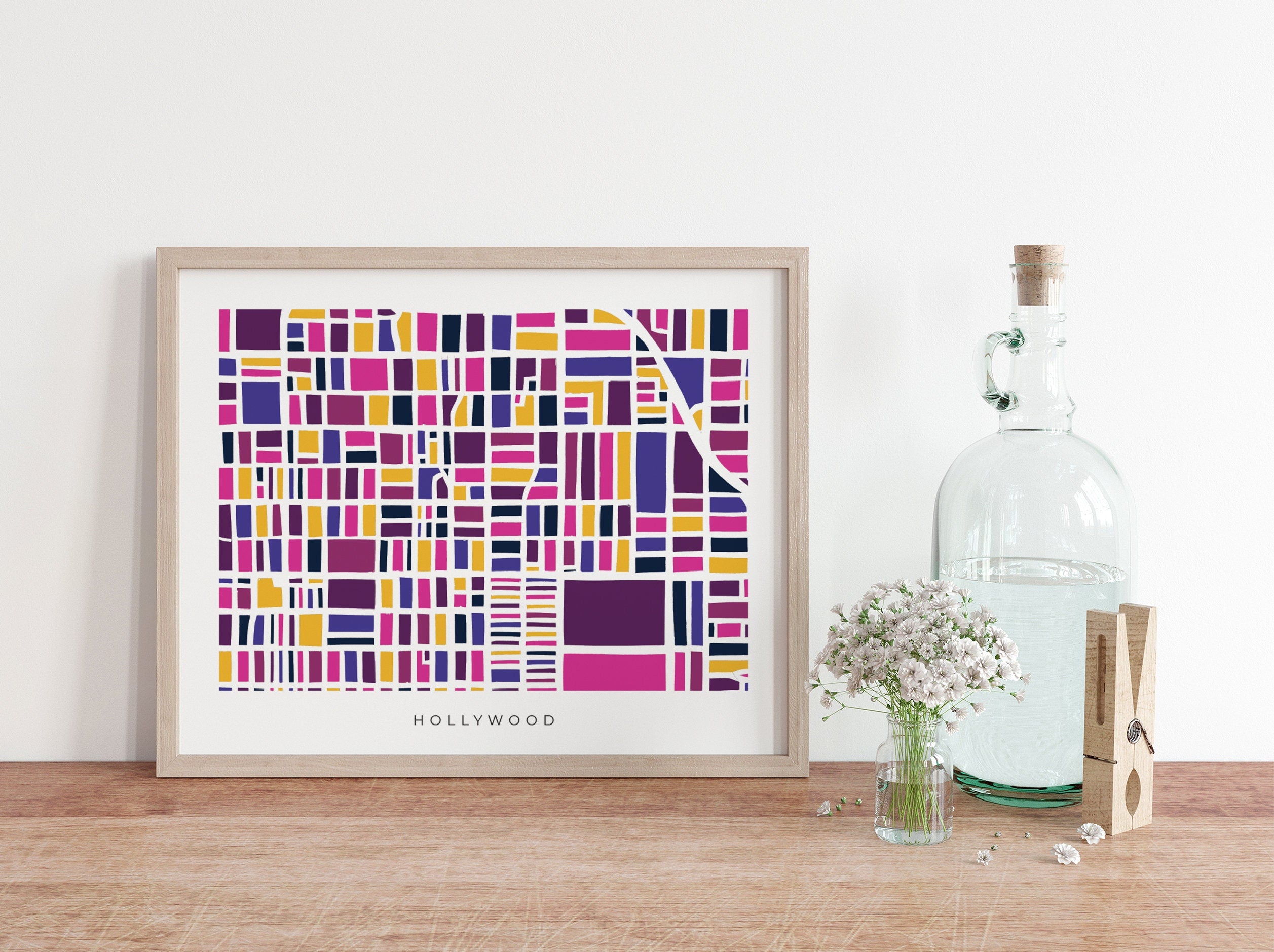 Hollywood Map Print – Los Angeles Wall Art – Colorful Minimalist Map