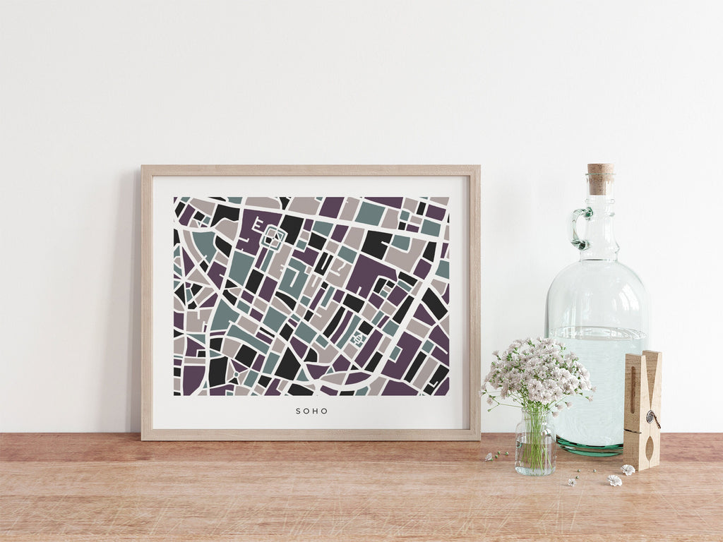 London Soho Map Print – Minimalist & Colorful Wall Art – Modern City Map