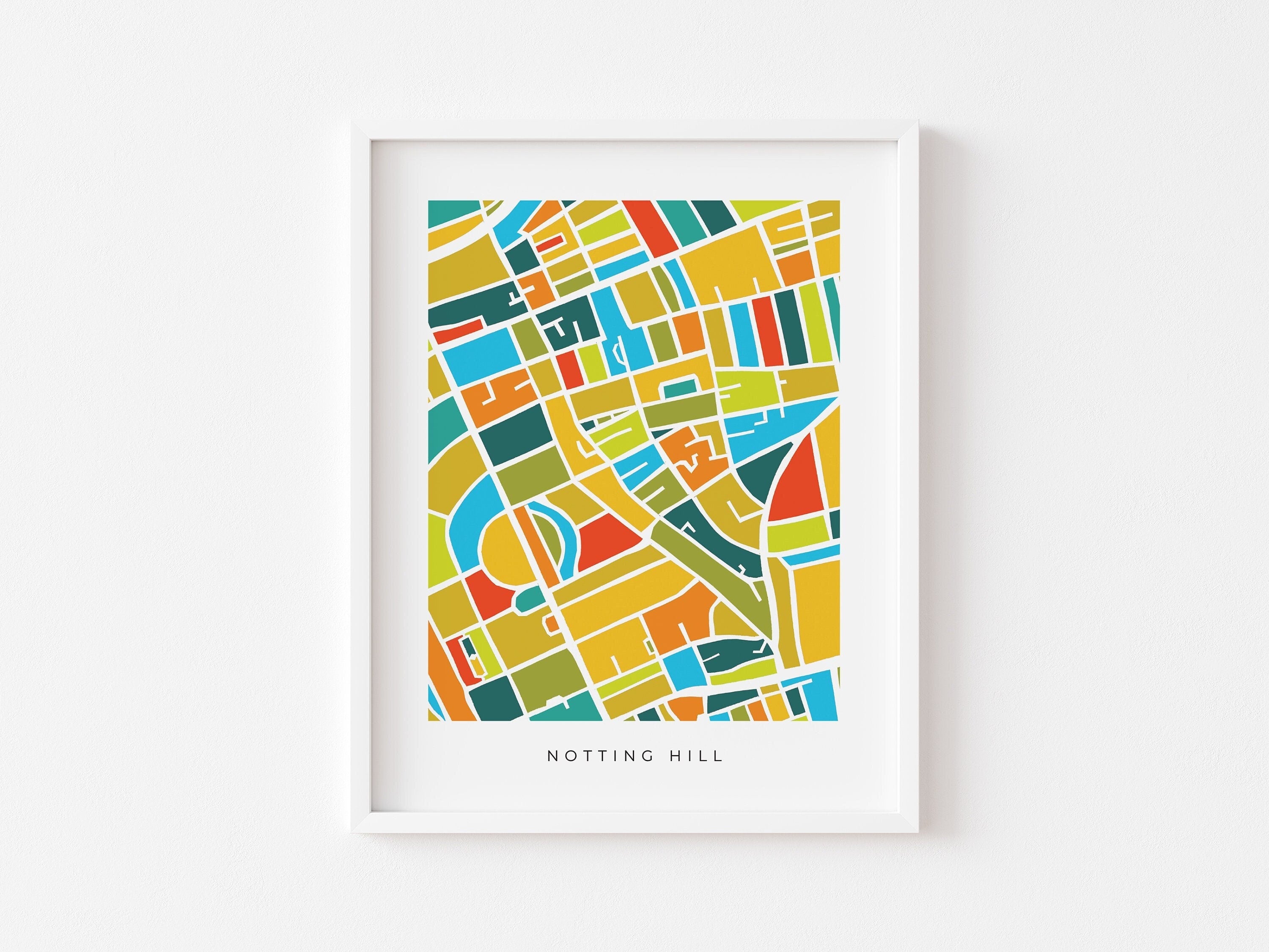 Notting Hill Map Print – Colorful Minimalist London Wall Art – Modern City Map