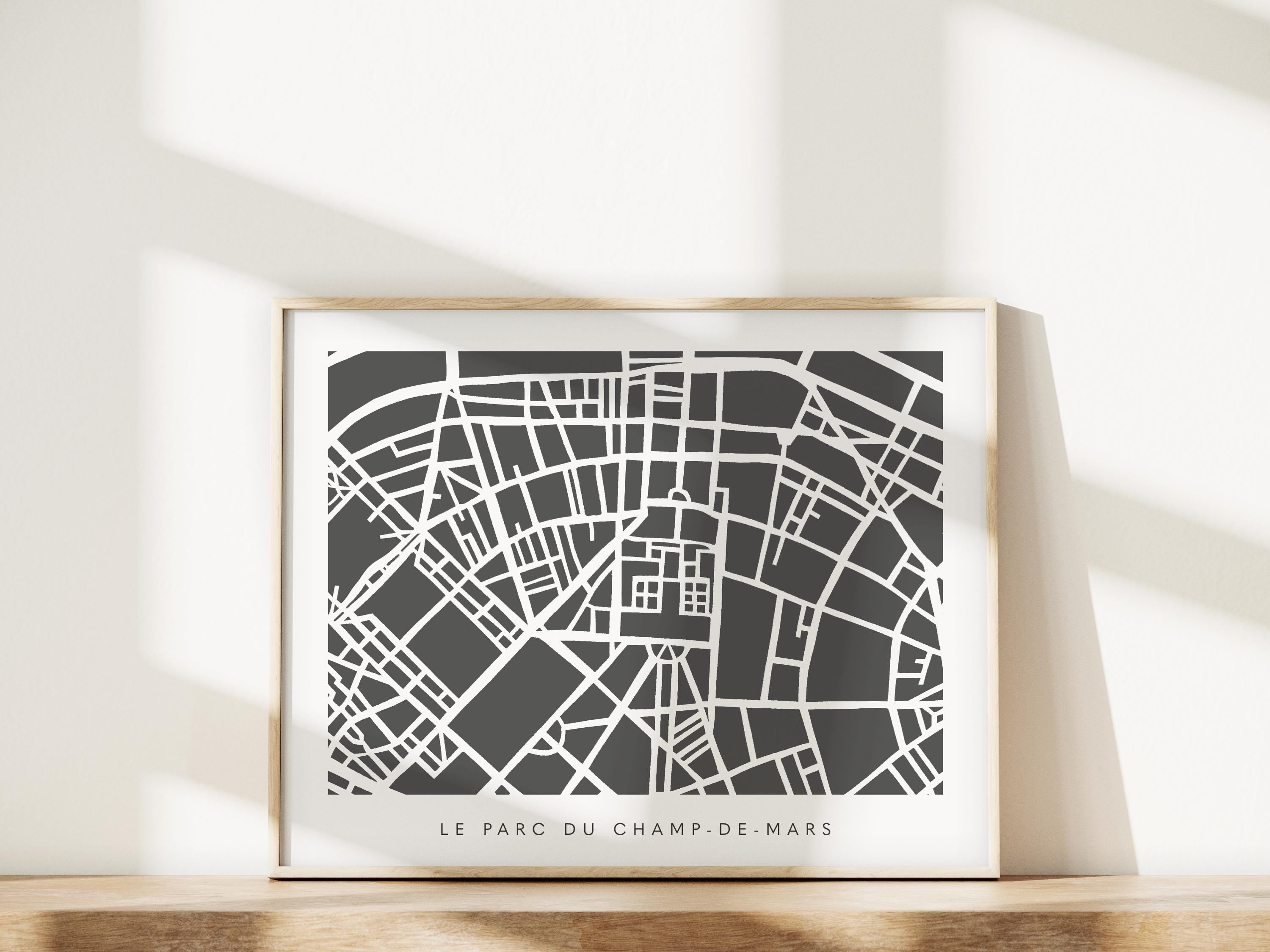 Paris Minimalist Wall Art | Le Parc du Champ-de-Mars and Eiffel Tower | Modern City Street Map | Faraway Places
