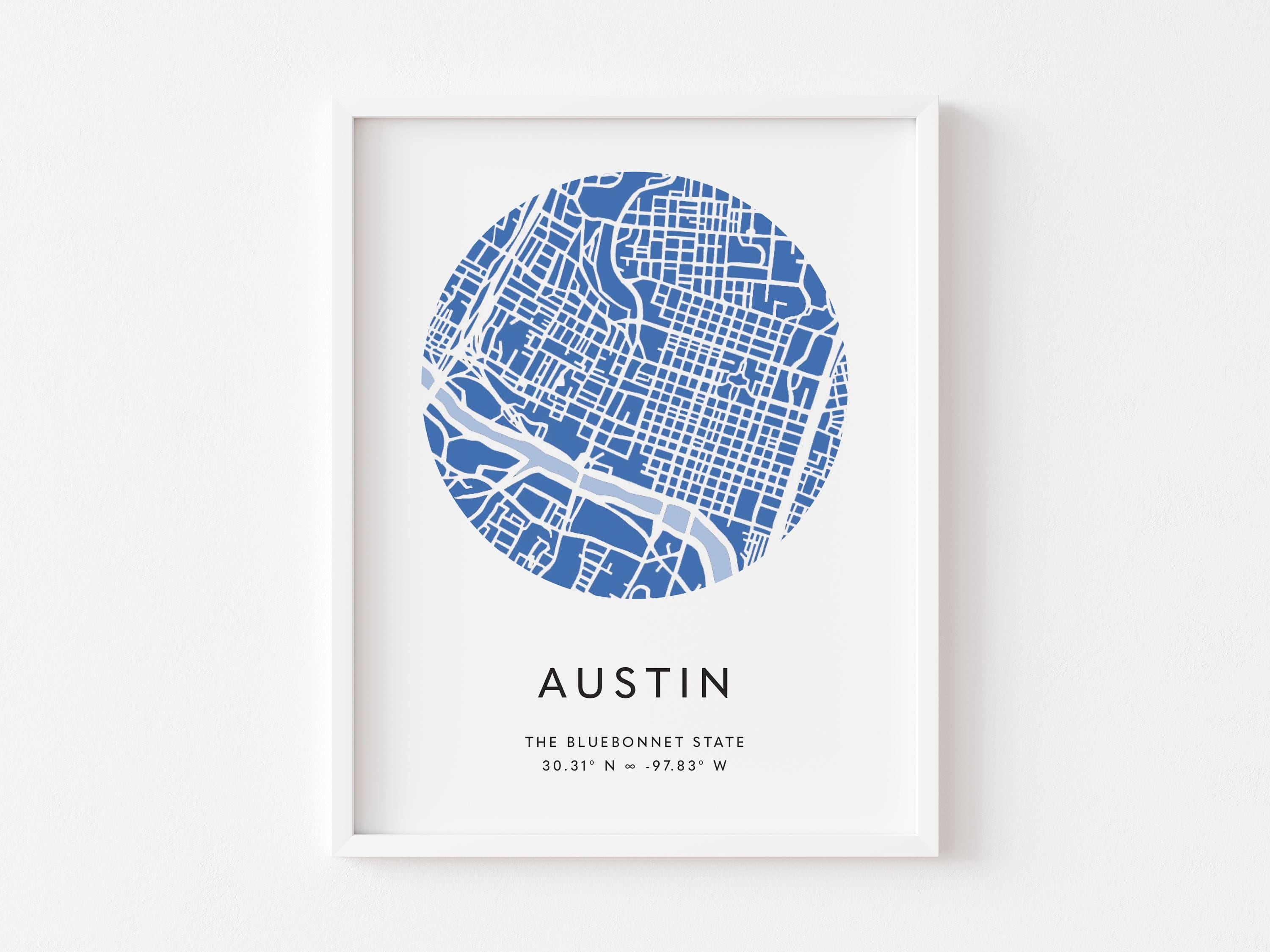 Austin, Texas Minimalist Wall Art in Bluebonnet Palette