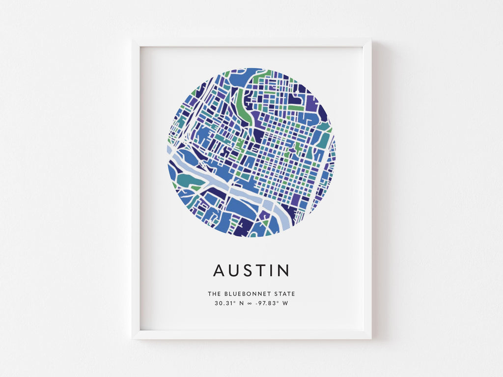 Austin, Texas Minimalist Wall Art in Bluebonnet Palette