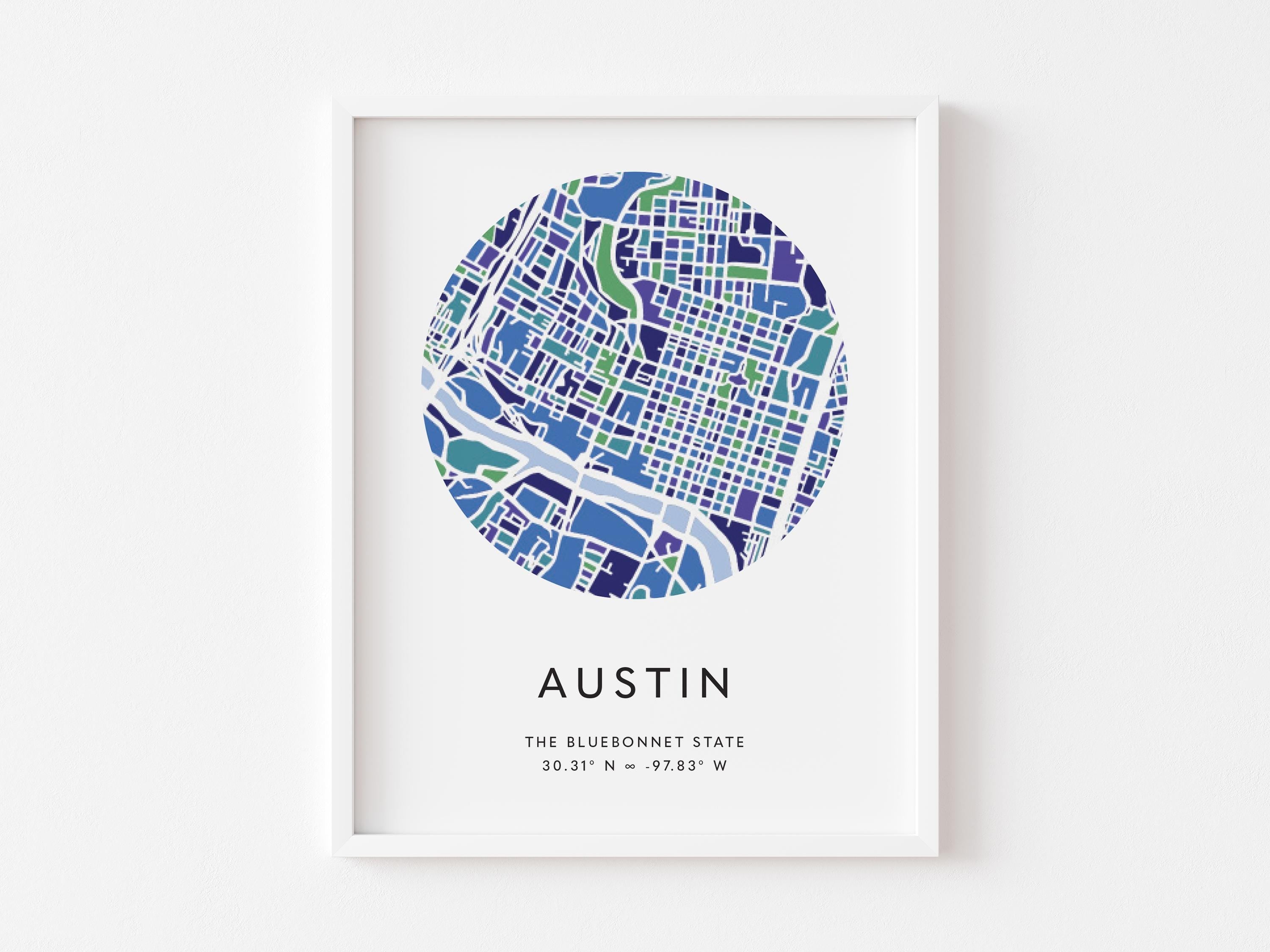Austin, Texas Minimalist Wall Art in Bluebonnet Palette