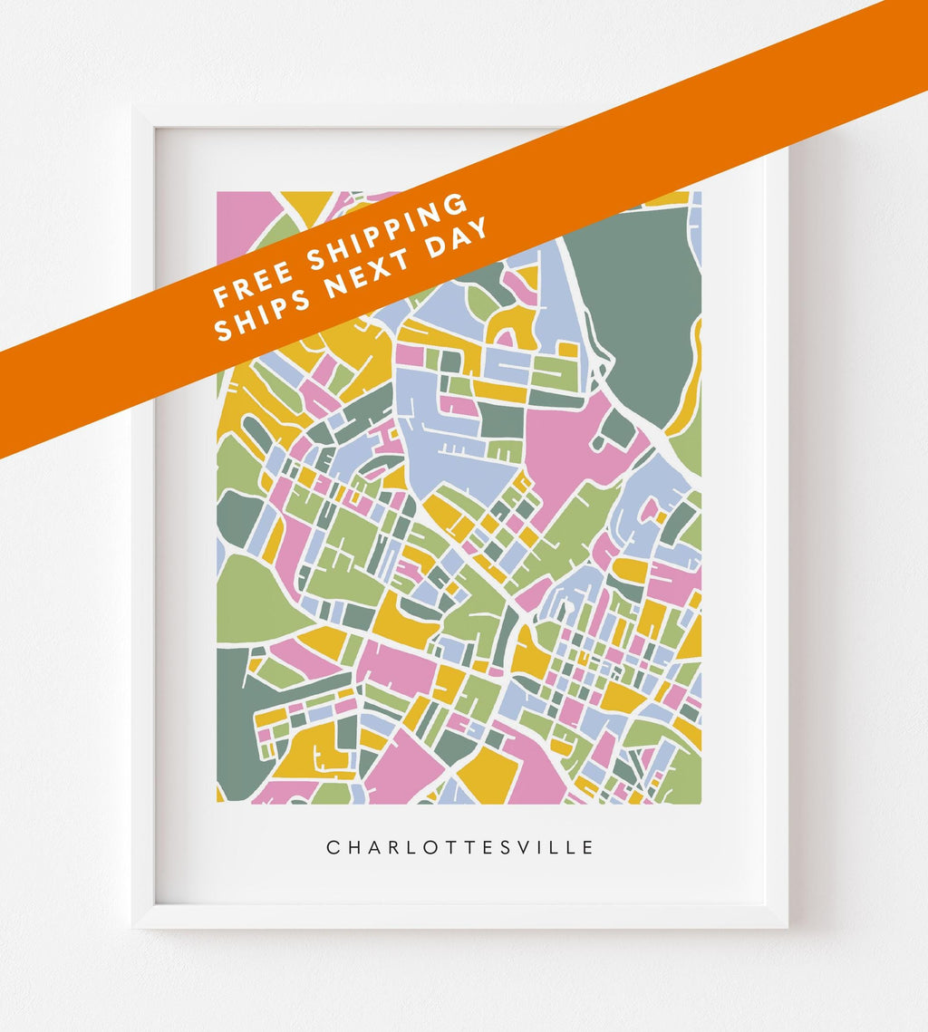 Charlottesville Map Print – Virginia Wall Art – Colorful & Minimalist Poster