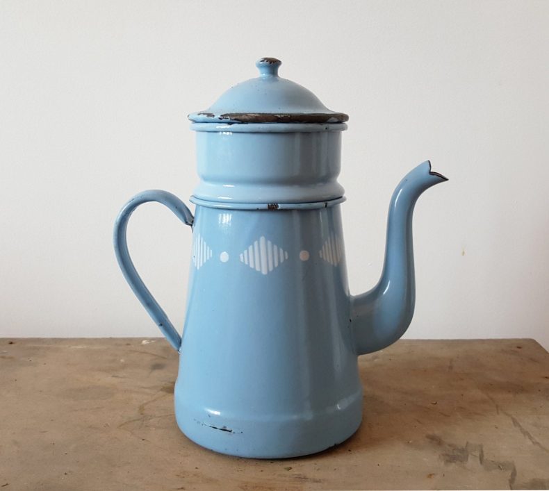 blue enamelware coffee pot with diamonds