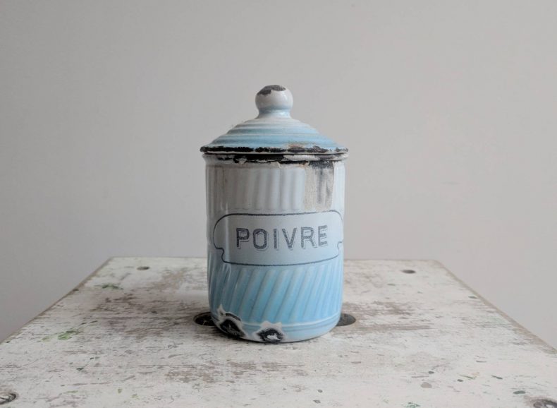 blue vintage enamelware pepper container