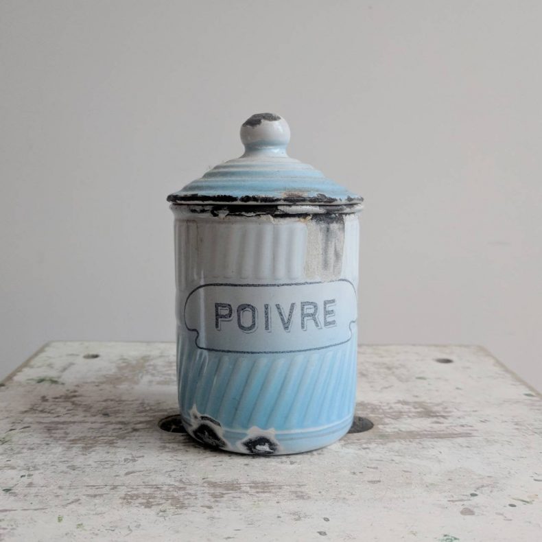 blue vintage enamelware pepper container