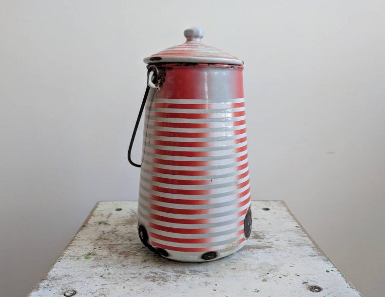 french milk pail in red gray and white