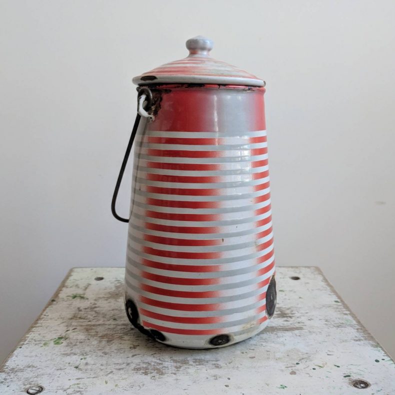 french milk pail in red gray and white