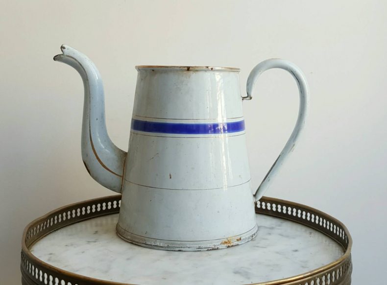 french vintage coffee pot with blue stripe