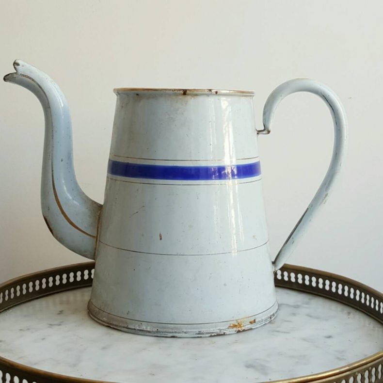 french vintage coffee pot with blue stripe