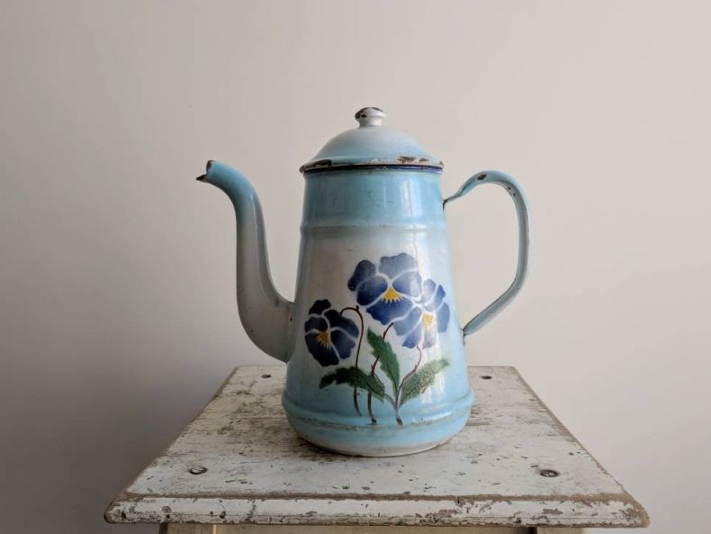 light blue enamelware coffee pot