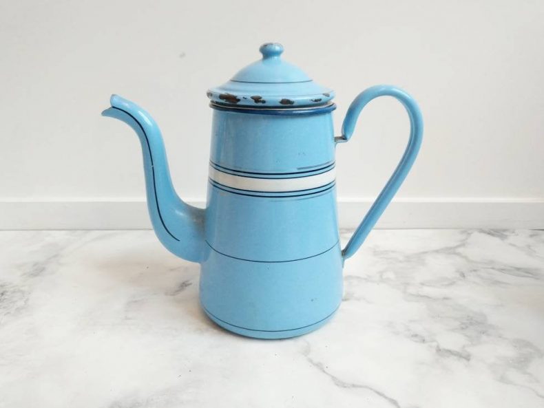 striped blue enamelware coffee pot