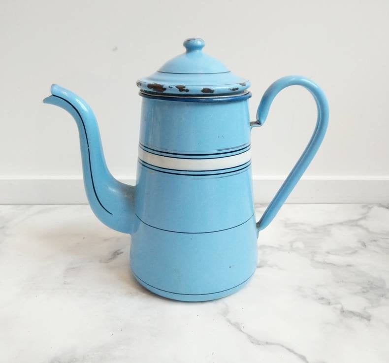 striped blue enamelware coffee pot