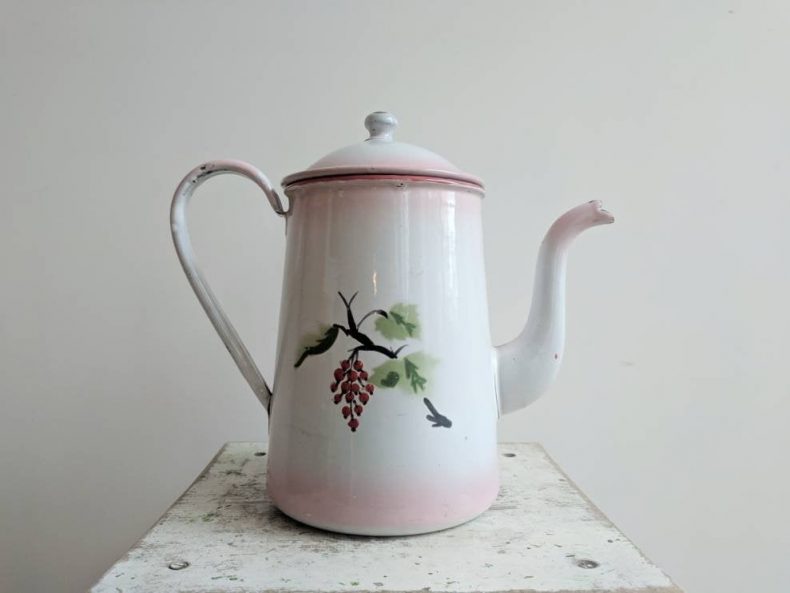 vintage coffee pot in pink enamelware