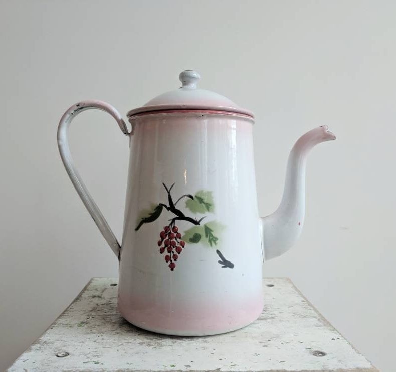 vintage coffee pot in pink enamelware