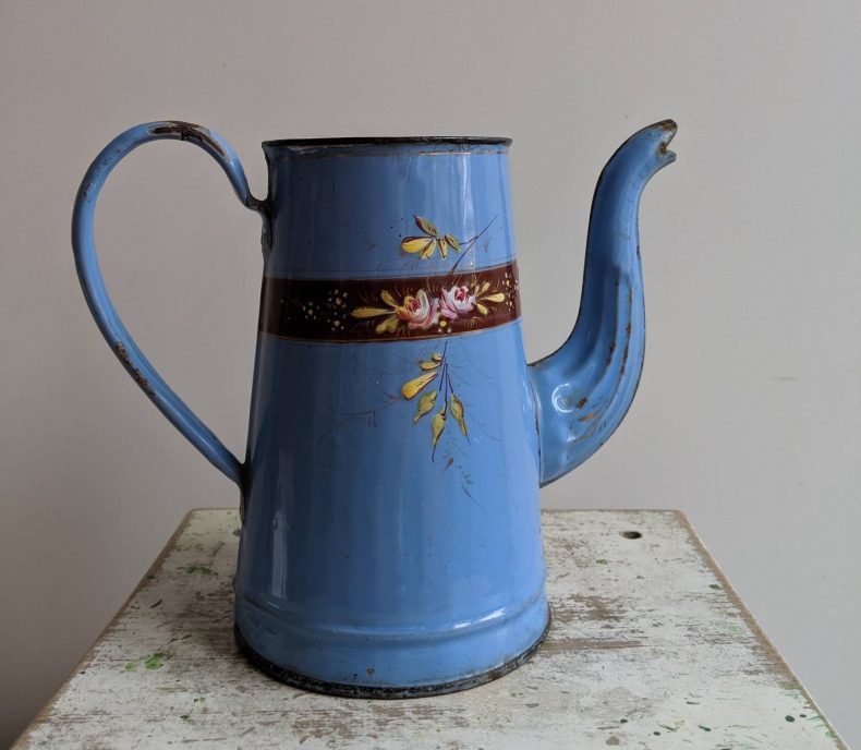 vintage enamel coffee pot in blue and brown