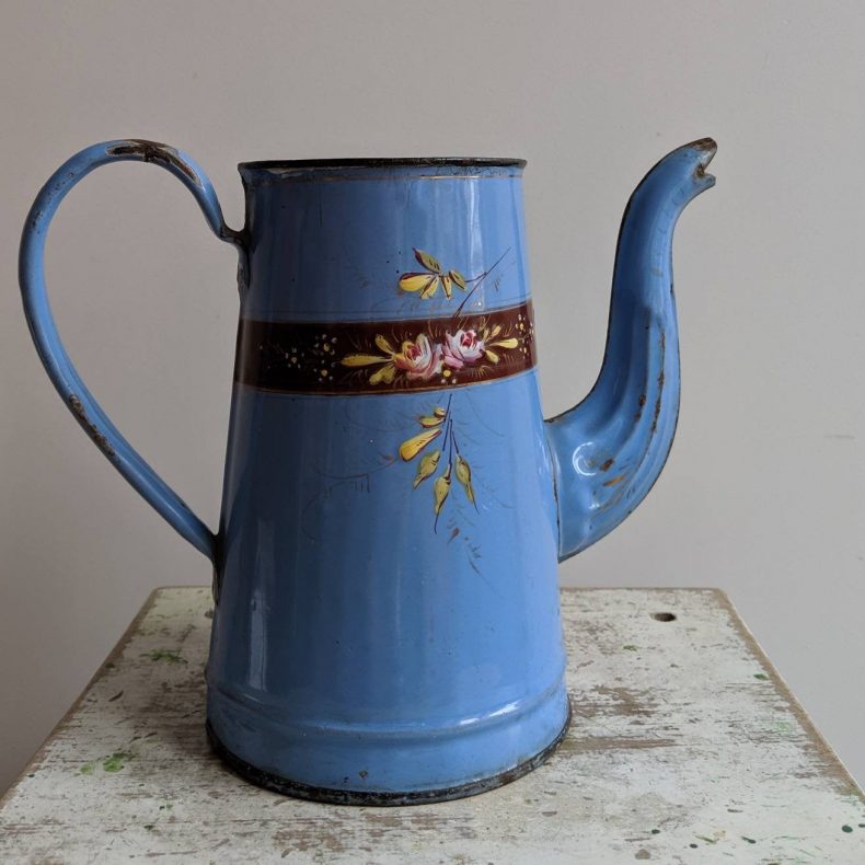 vintage enamel coffee pot in blue and brown