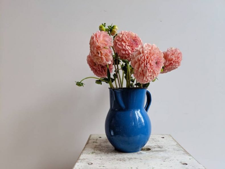 vintage french pitcher in blue enamelware