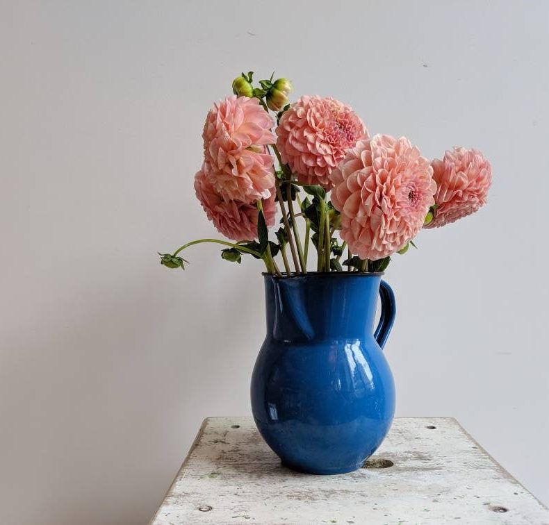 vintage french pitcher in blue enamelware