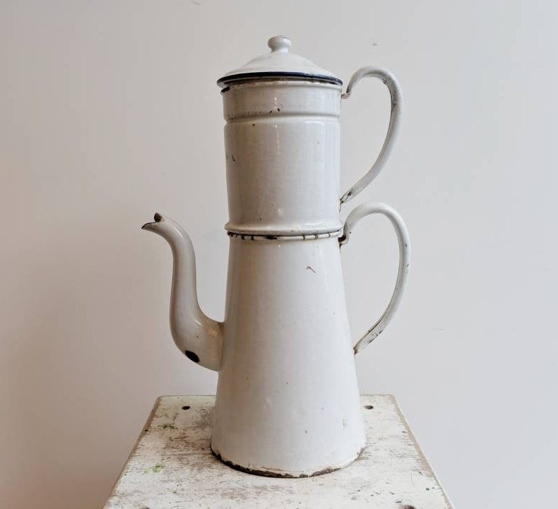 vintage white enamelware pitcher