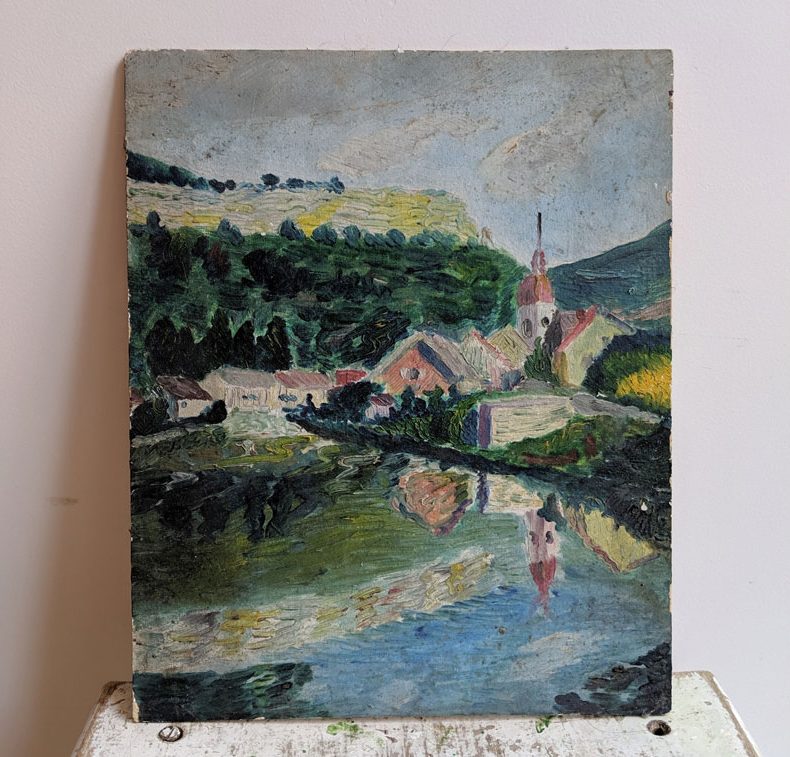 vintage painting of alpine village